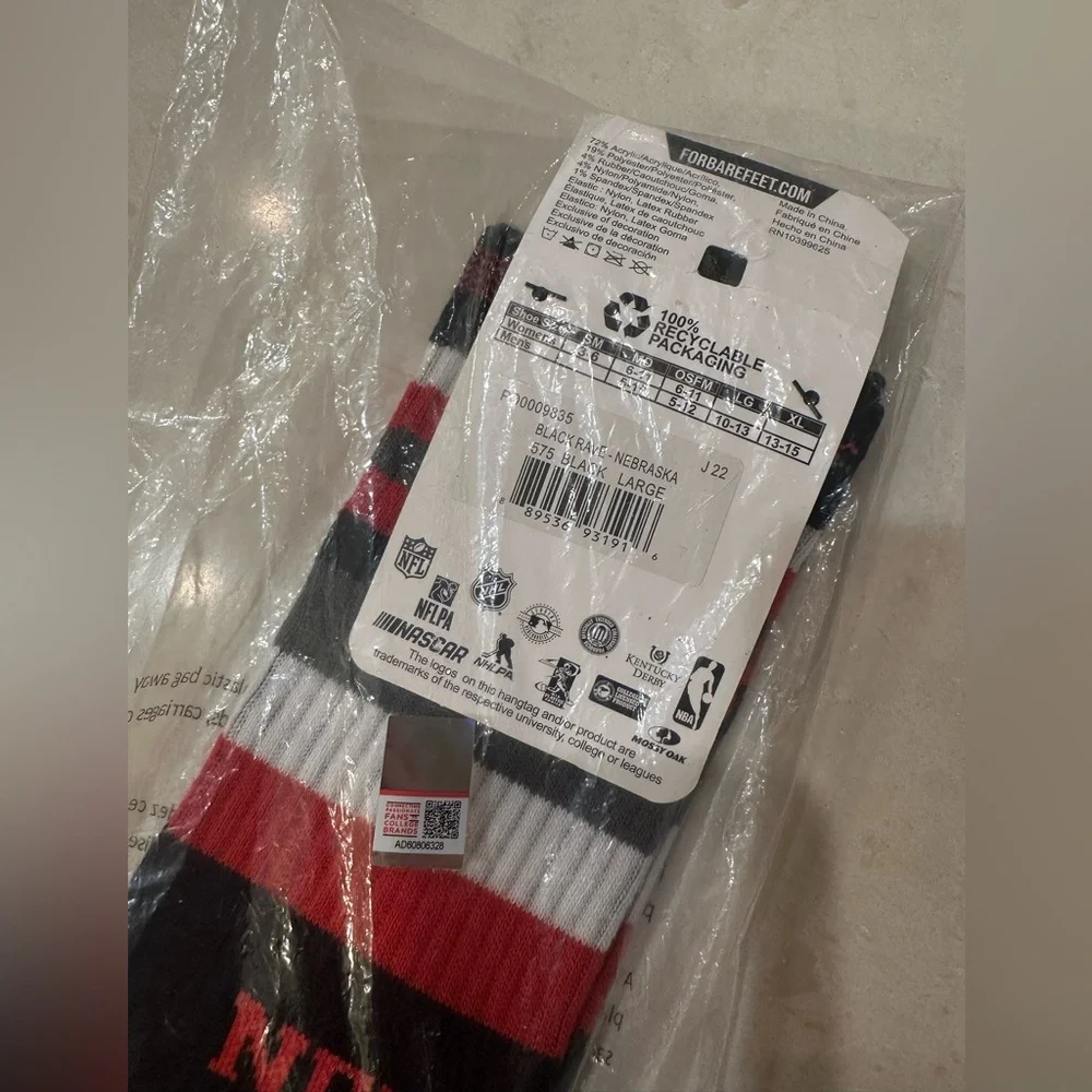 For Bare Feet Nebraska Cornhuskers Red and Black Socks Size L Large